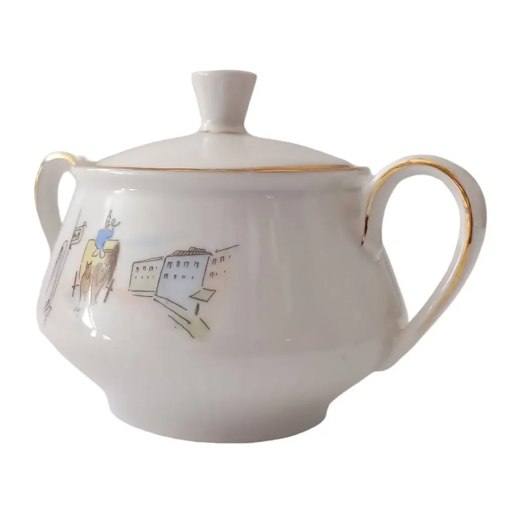 Bareuther Germany Porcelain Sugar Bowl Horse Carriage Street Scene‎ 8010 Vintage